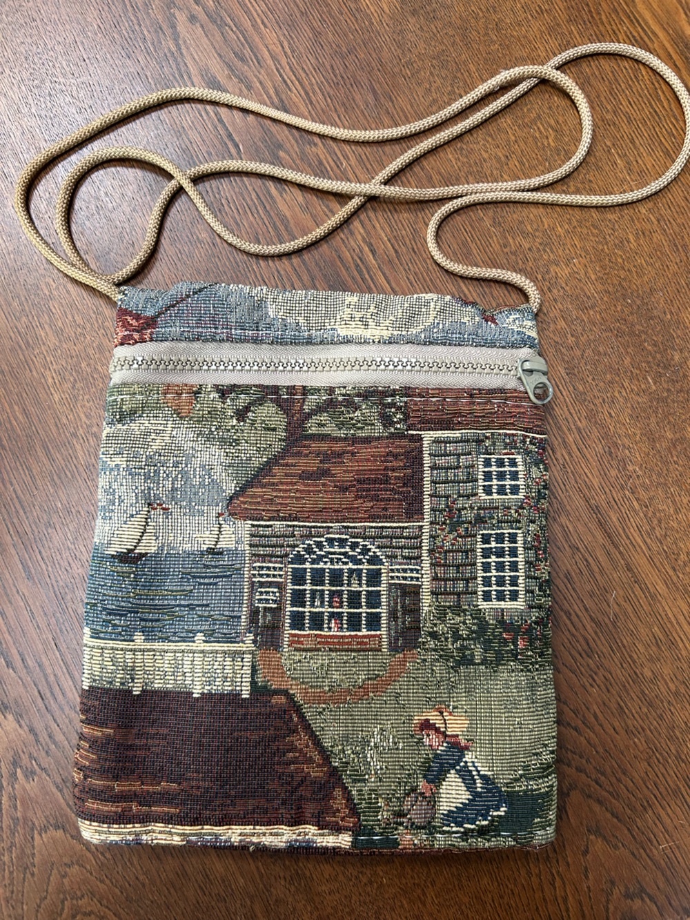 Handmade Tapestry Crossbody Bag Multicolor - Classic Cottage Scene. Perfect size
